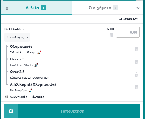 Bet Builder στο Ολυμπιακος - Ρειντζερς