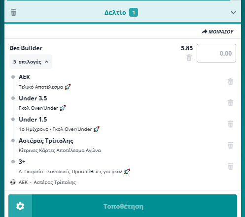 Bet Builder στο ΑΕΚ - Αστερας Τριπολης
