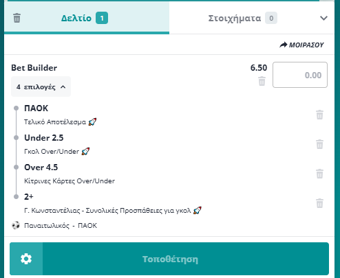 Bet Builder στο Παναιτωλικος - ΠΑΟΚ