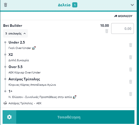 Bet Builder στο Αστερας Τριπολης - ΑΕΚ