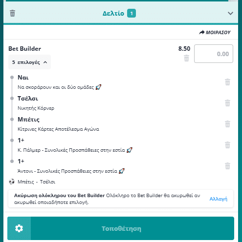Bet Builder στο Μπετις - Τσελσι
