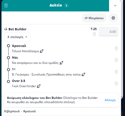 Bet Builder στο Λιβερπουλ - Αρσεναλ