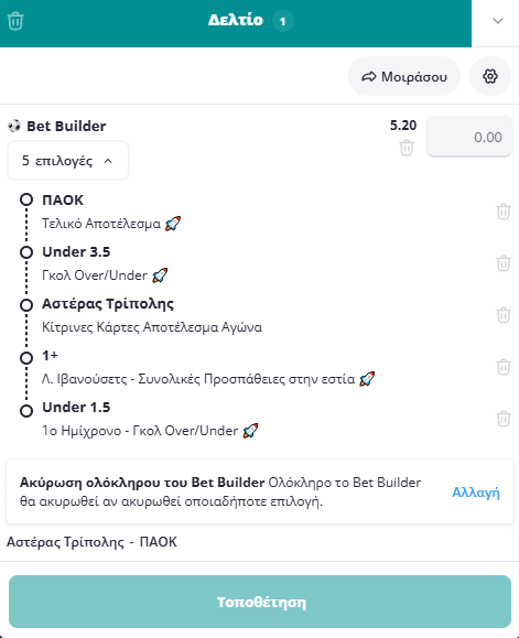 Bet Builder στο Αστερας Τριπολης - ΠΑΟΚ