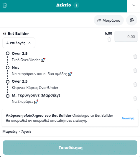 Bet Builder στο Μαρσειγ - Αγιαξ