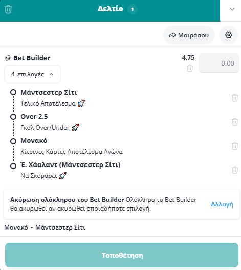 Bet Builder στο Μονακο - Μαντσεστερ Σιτι