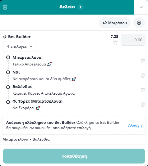 Bet Builder στο Μπαρτσελονα - Βαλενθια