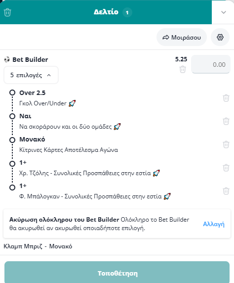 Bet Builder στο Κλαμπ Μπριζ - Μονακο