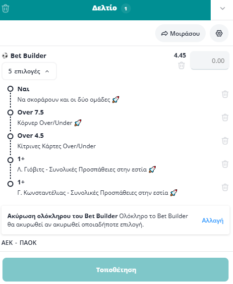 Bet Builder στο ΑΕΚ - ΠΑΟΚ