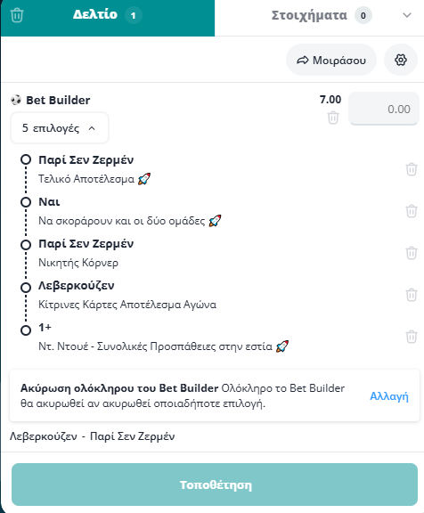 Bet Builder στο Λεβερκουζεν - Παρι Σεν Ζερμεν