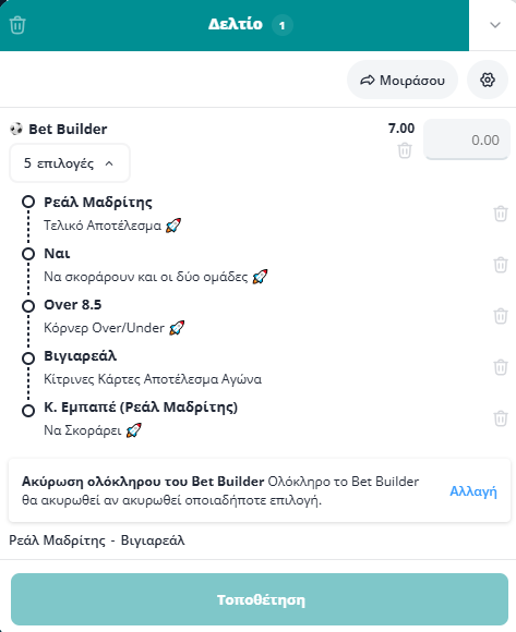 Bet Builder στο Ρεαλ Μαδριτης - Βιγιαρεαλ