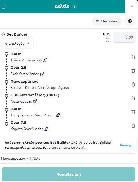Bet Builder στο Πανσερραικος - ΠΑΟΚ