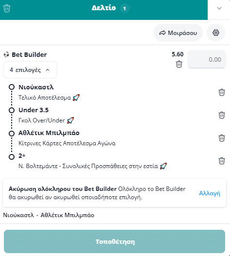 Bet Builder στο Νιουκαστλ - Μπιλμπαο